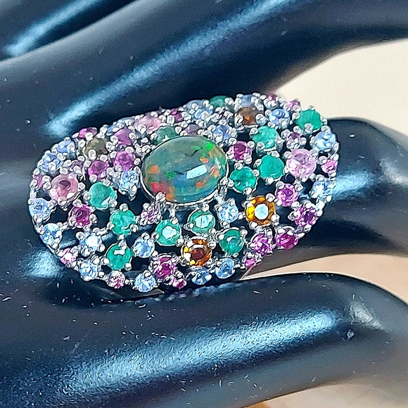 925 Sterling Silver Ring Sz 8 with Natural Black Opal, Emerald, Garnet, Tanzanit - Picture 5 of 7